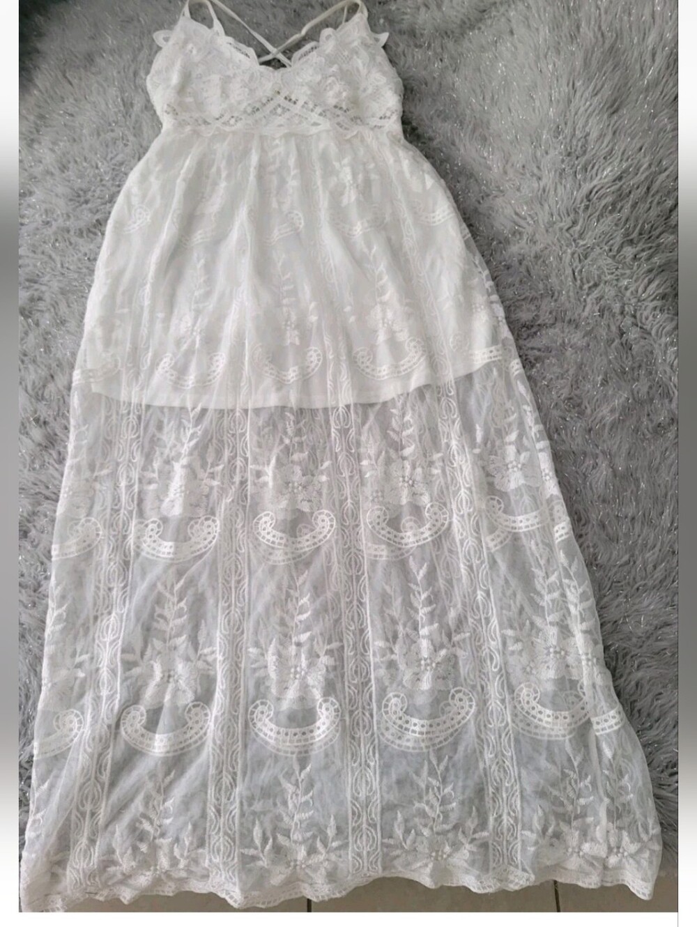 White Lace Maxi Dress Wedding Bralette Top Sheer Boho Crochet Scalloped Beach L - Picture 5 of 13